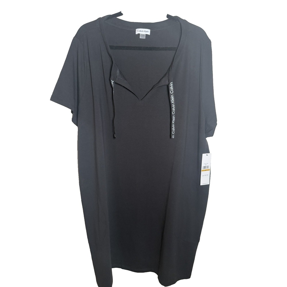 NWT Calvin Klein Black V-Neck T-Shirt Dress with Logo Drawstring Ties Sz 3X